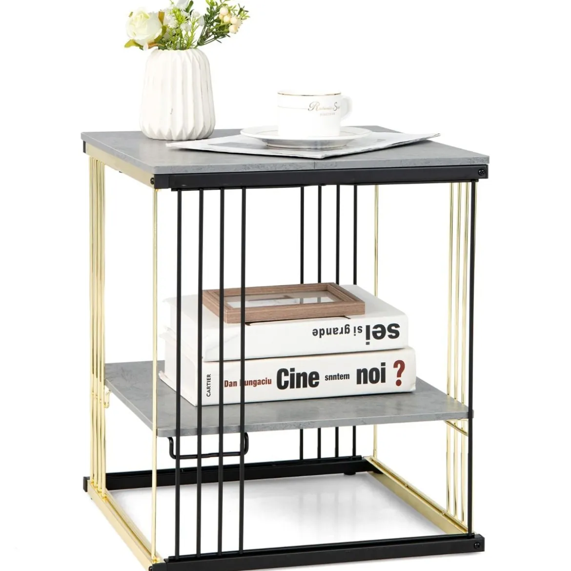 2 Ebenen Beistelltisch Marmor Optik mit abnehmbarer Ablage Sofatisch mit Metallrahmen 39 x 39 x 45 cm