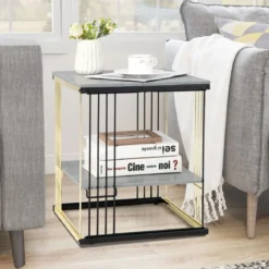 2 Ebenen Beistelltisch Marmor Optik mit abnehmbarer Ablage Sofatisch mit Metallrahmen 39 x 39 x 45 cm