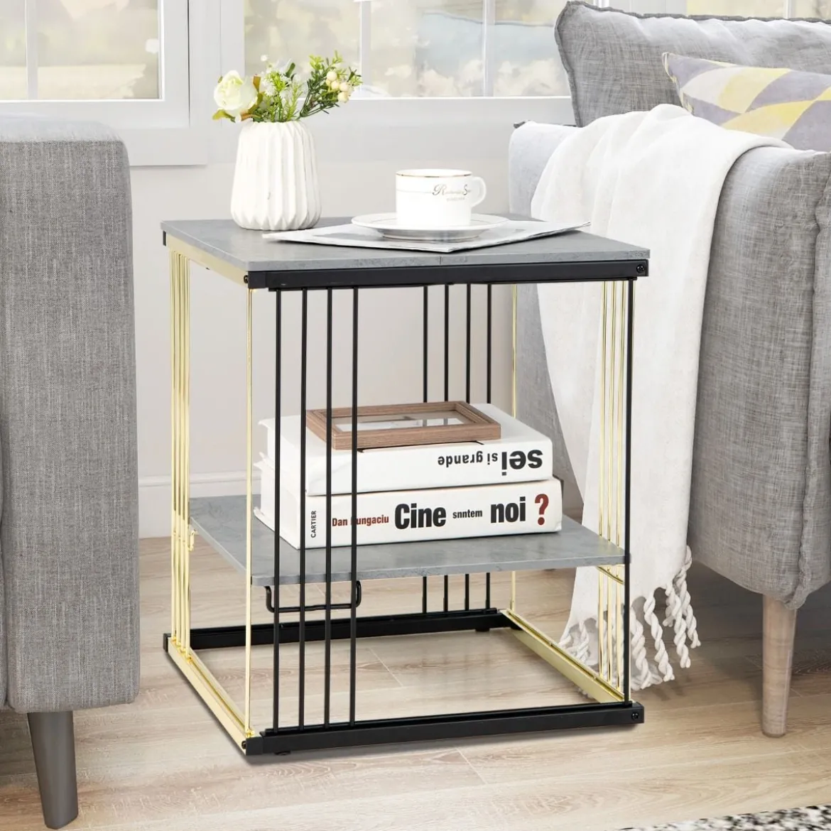 2 Ebenen Beistelltisch Marmor Optik mit abnehmbarer Ablage Sofatisch mit Metallrahmen 39 x 39 x 45 cm