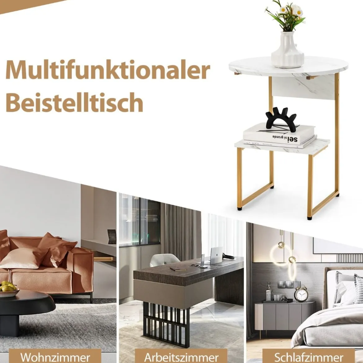 2 Ebenen Beistelltisch Marmoroptik mit Goldnen Beinen 50x50x61cm Weiß