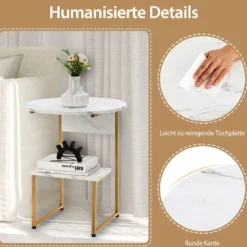 2 Ebenen Beistelltisch Marmoroptik mit Goldnen Beinen 50x50x61cm Weiß