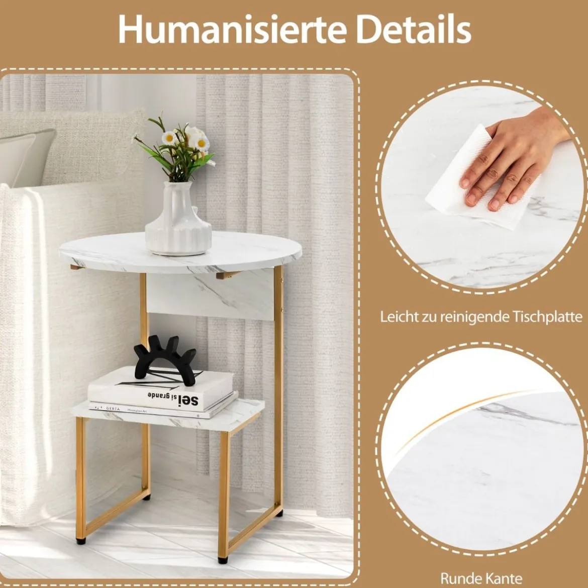 2 Ebenen Beistelltisch Marmoroptik mit Goldnen Beinen 50x50x61cm Weiß