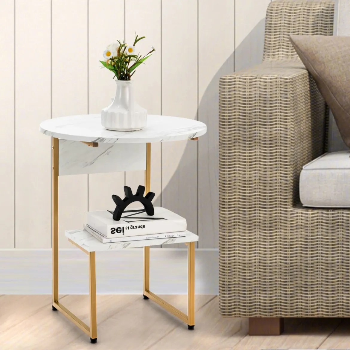 2 Ebenen Beistelltisch Marmoroptik mit Goldnen Beinen 50x50x61cm Weiß
