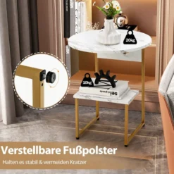 2 Ebenen Beistelltisch Marmoroptik mit Goldnen Beinen 50x50x61cm Weiß