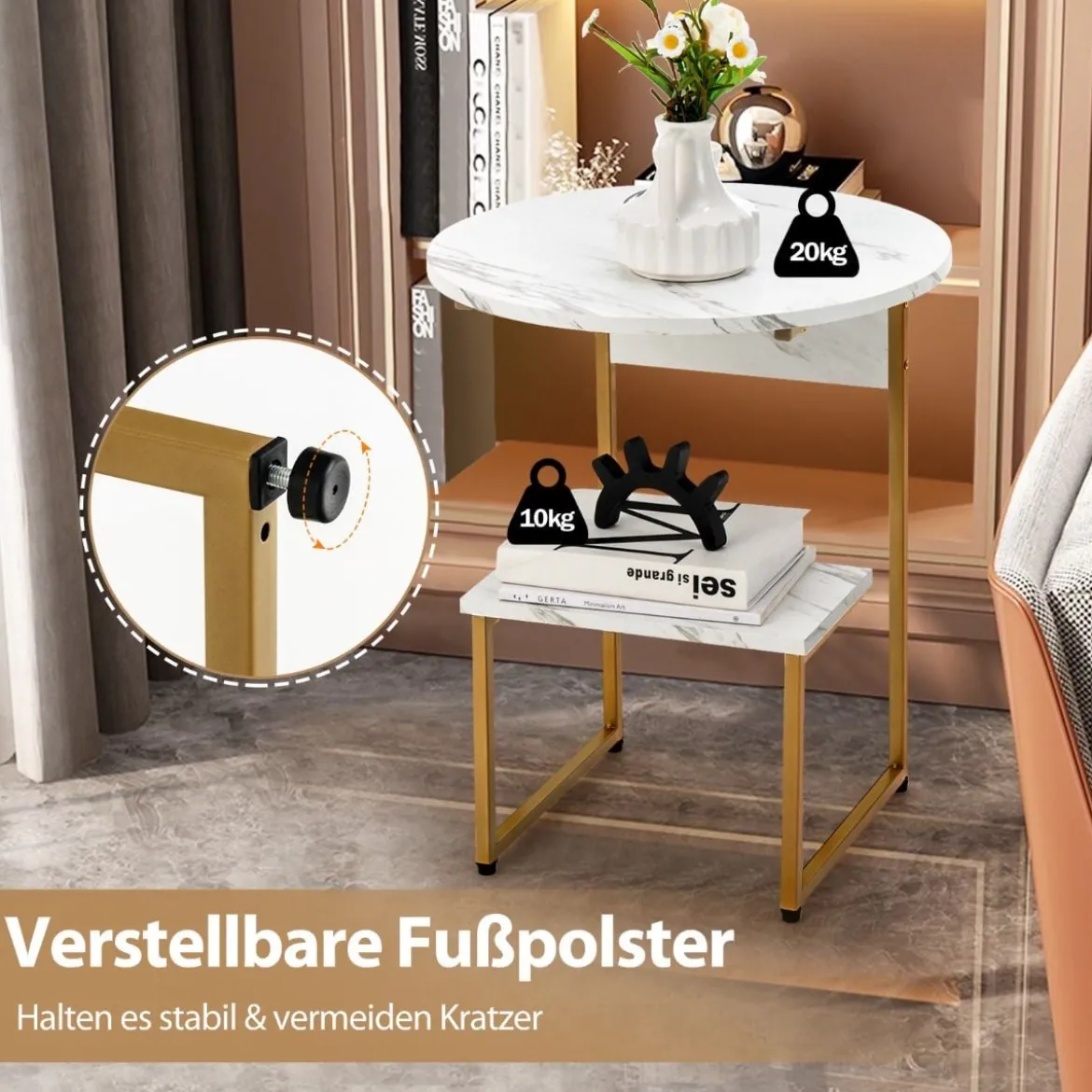 2 Ebenen Beistelltisch Marmoroptik mit Goldnen Beinen 50x50x61cm Weiß