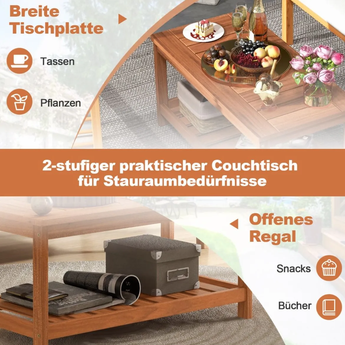 2 Ebenen Beistelltisch mit Ablage Outdoor Wetterfester Couchtisch Kaffeetisch 90 x 45 x 45 cm