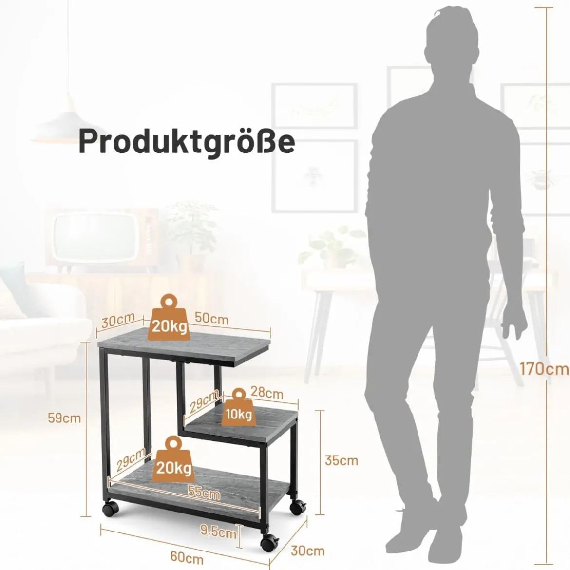 3 Ebenen Beistelltisch mit Marmoroptik & Universalrollen Moderner Nachttisch 60 x 30 x 59 cm
