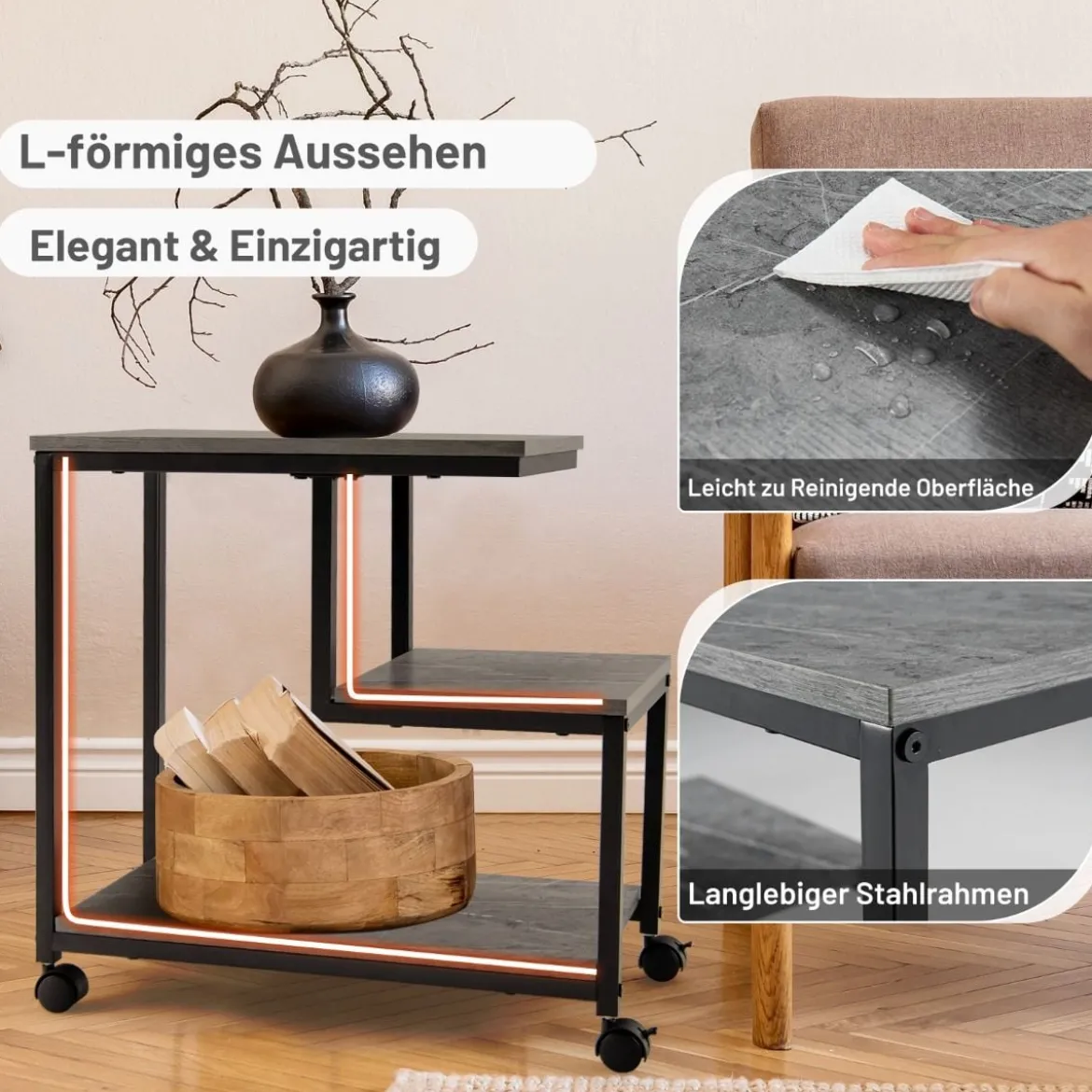 3 Ebenen Beistelltisch mit Marmoroptik & Universalrollen Moderner Nachttisch 60 x 30 x 59 cm
