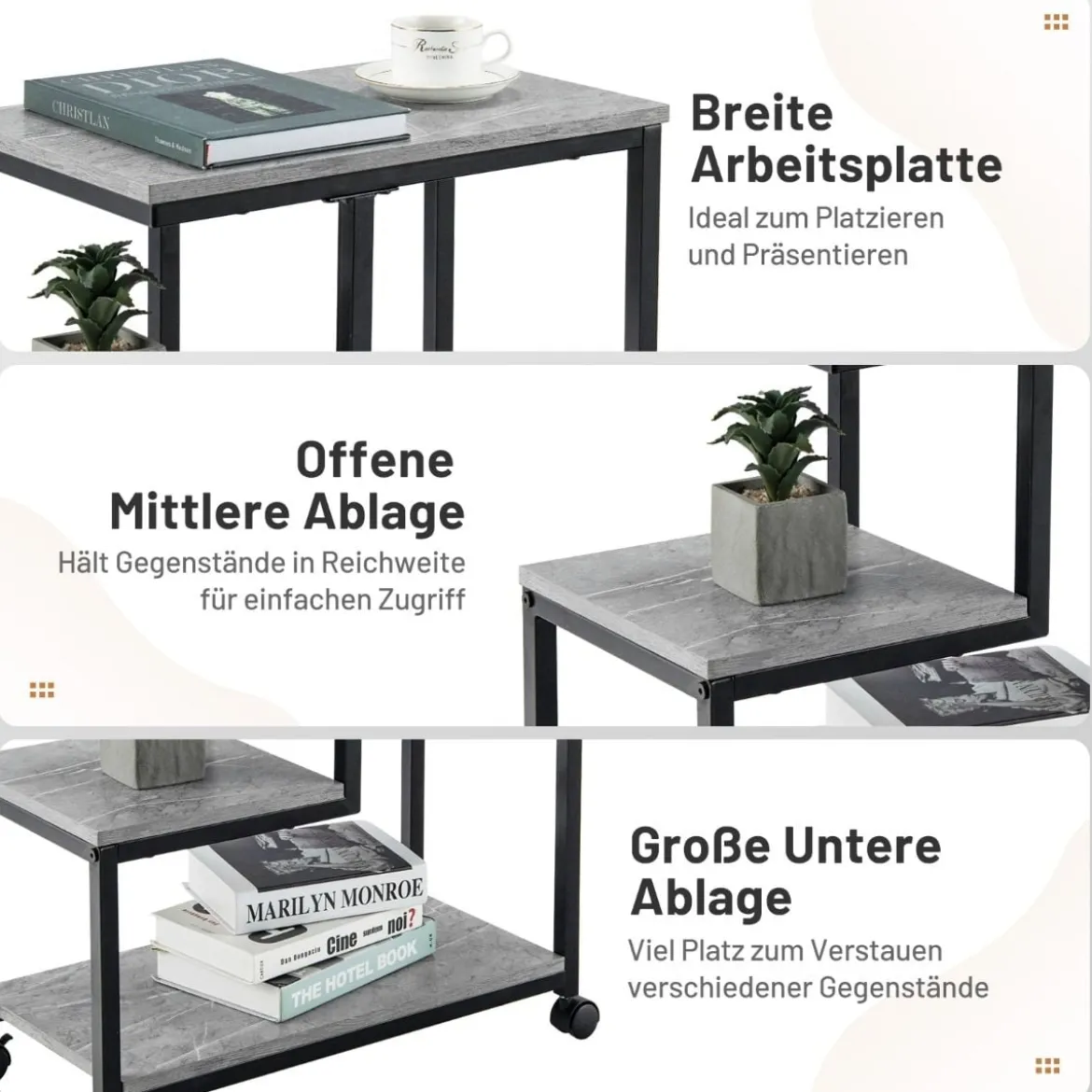 3 Ebenen Beistelltisch mit Marmoroptik & Universalrollen Moderner Nachttisch 60 x 30 x 59 cm