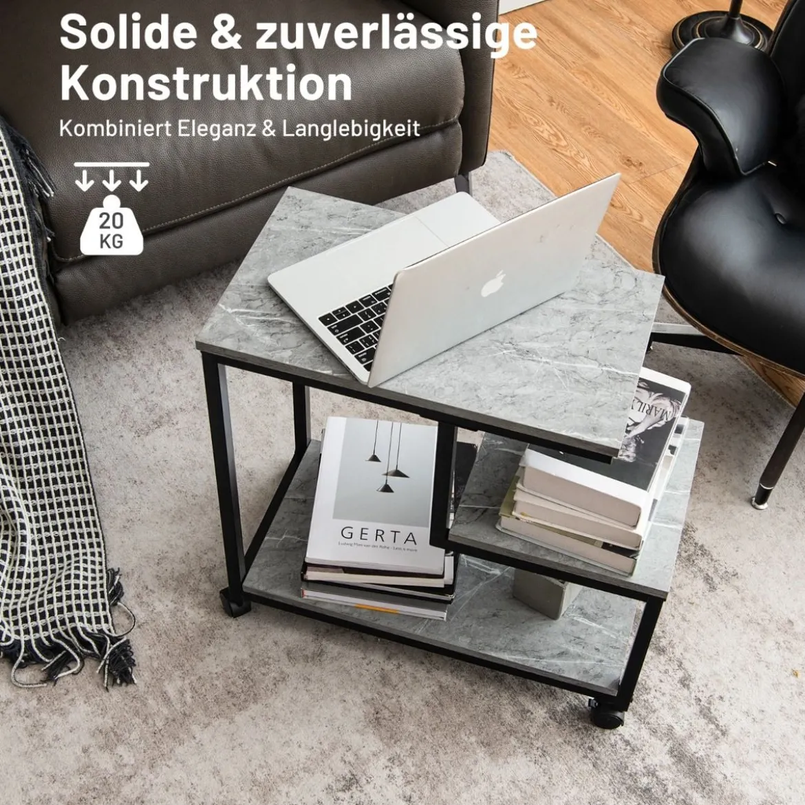 3 Ebenen Beistelltisch mit Marmoroptik & Universalrollen Moderner Nachttisch 60 x 30 x 59 cm
