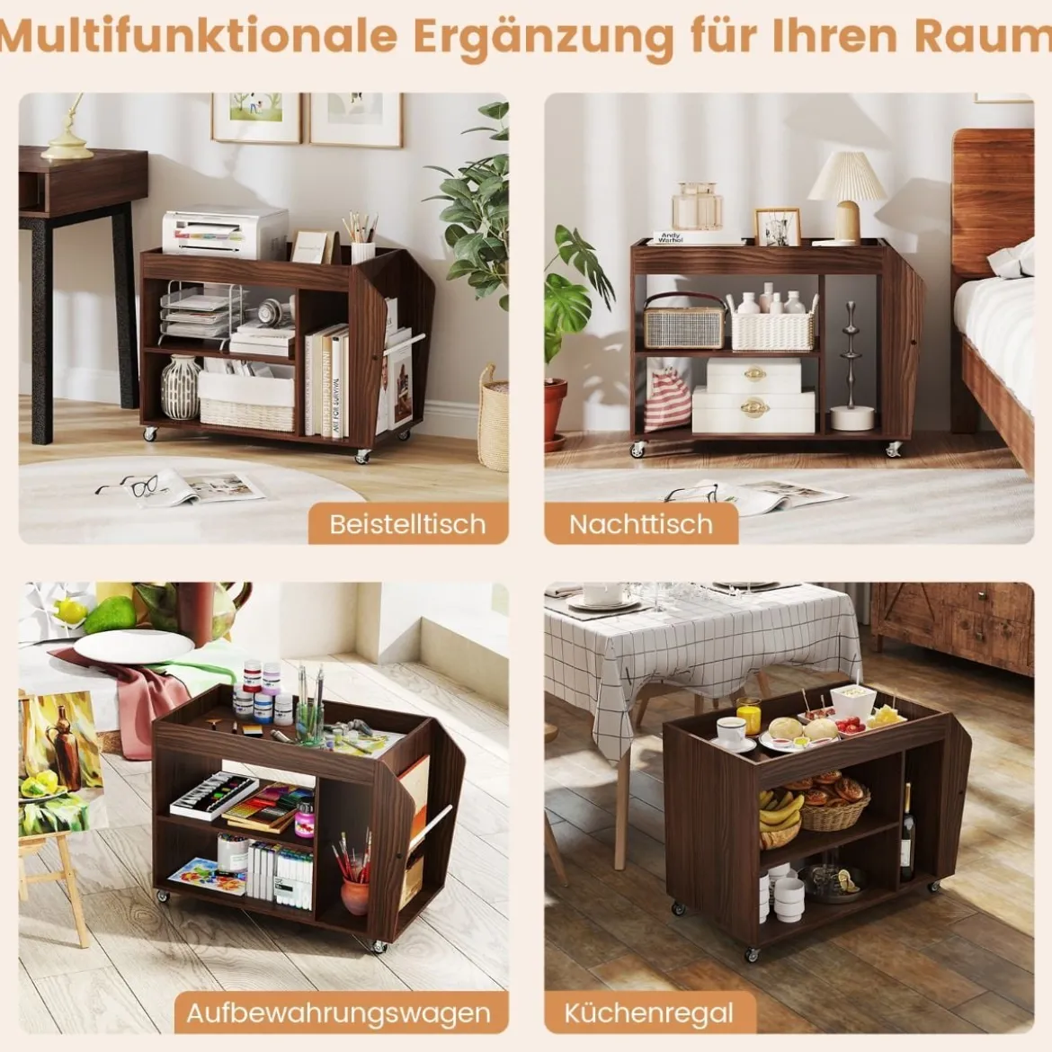 3 Ebenen Beistelltisch mit Rollen Nachttisch Nachtschrank Rollender Sofatisch Walnuss