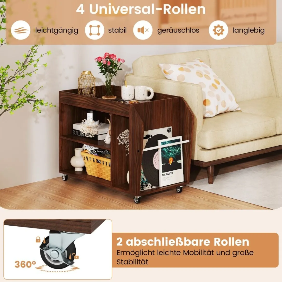 3 Ebenen Beistelltisch mit Rollen Nachttisch Nachtschrank Rollender Sofatisch Walnuss