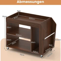 3 Ebenen Beistelltisch mit Rollen Nachttisch Nachtschrank Rollender Sofatisch Walnuss