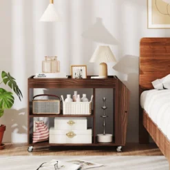 3 Ebenen Beistelltisch mit Rollen Nachttisch Nachtschrank Rollender Sofatisch Walnuss