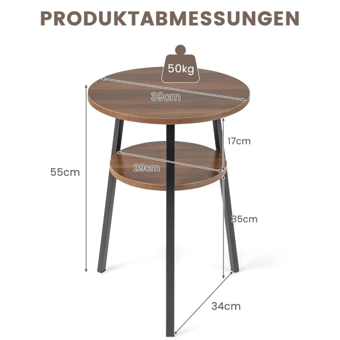 2 Ebenen Beistelltisch Rund Nachttisch mit Metallrahmen 39 x 39 x 55 cm Walnuss