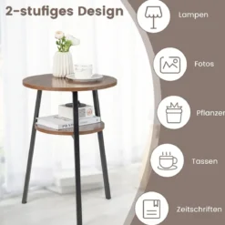 2 Ebenen Beistelltisch Rund Nachttisch mit Metallrahmen 39 x 39 x 55 cm Walnuss