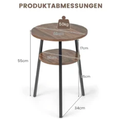 2 Ebenen Beistelltisch Rund Nachttisch mit Metallrahmen 39 x 39 x 55 cm Vintage