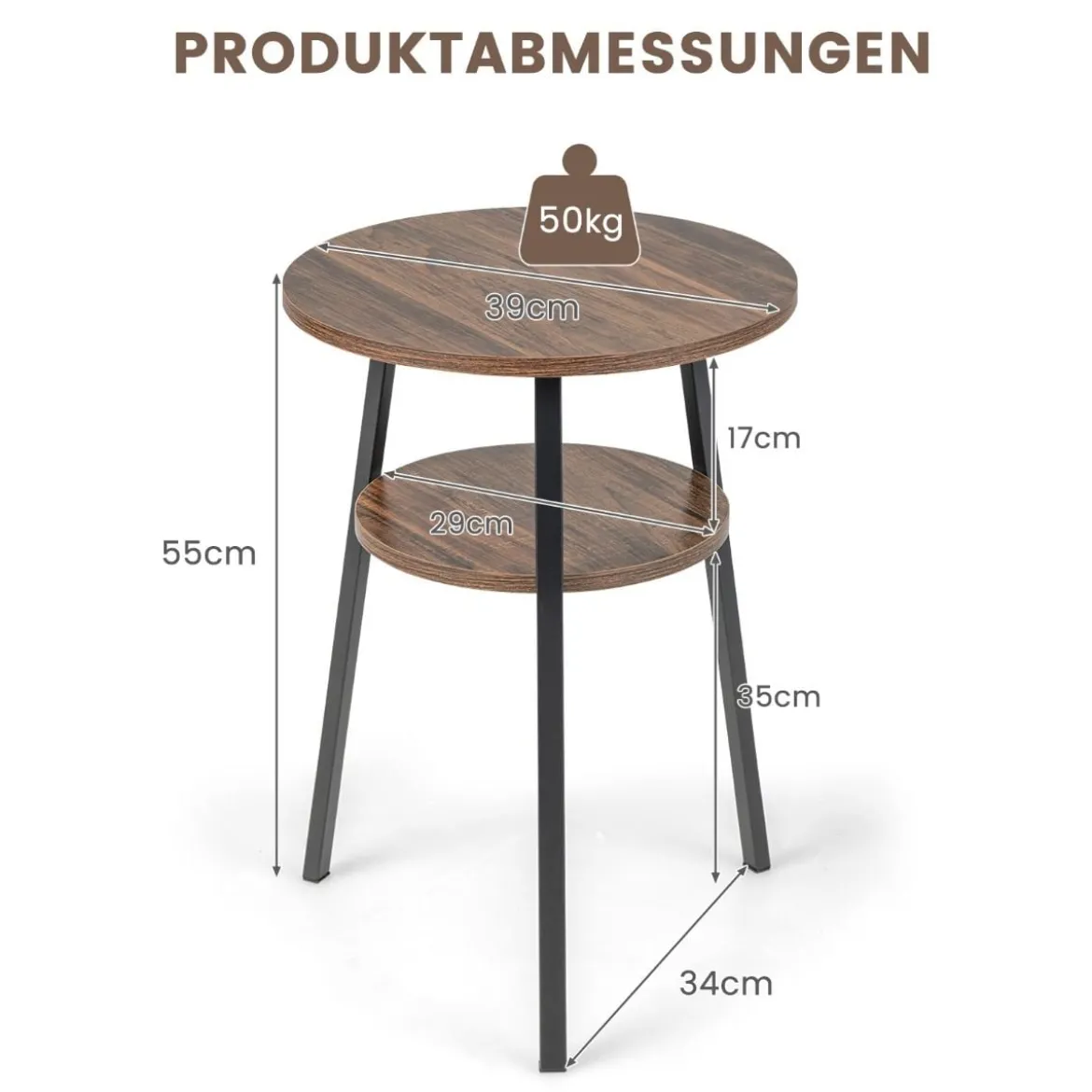 2 Ebenen Beistelltisch Rund Nachttisch mit Metallrahmen 39 x 39 x 55 cm Vintage