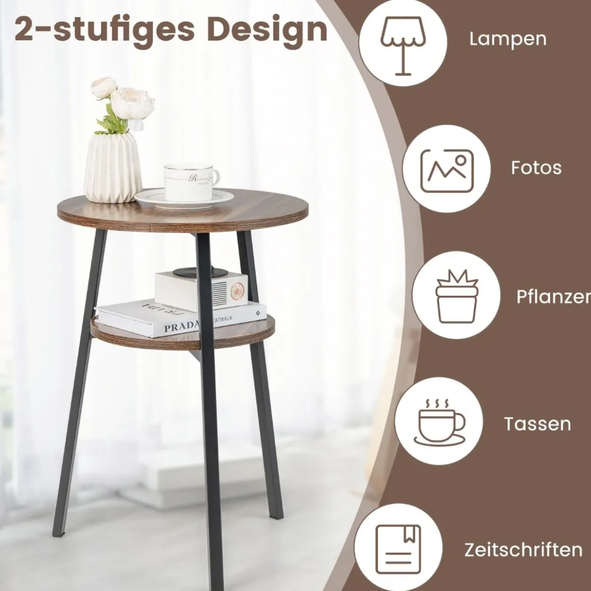 2 Ebenen Beistelltisch Rund Nachttisch mit Metallrahmen 39 x 39 x 55 cm Vintage
