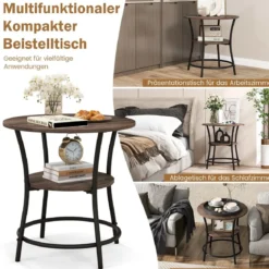 2 Ebenen Beistelltisch Rund Nachttisch mit Metallrahmen 55 x 55 x 56 cm Braun