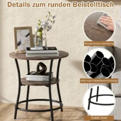 2 Ebenen Beistelltisch Rund Nachttisch mit Metallrahmen 55 x 55 x 56 cm Braun