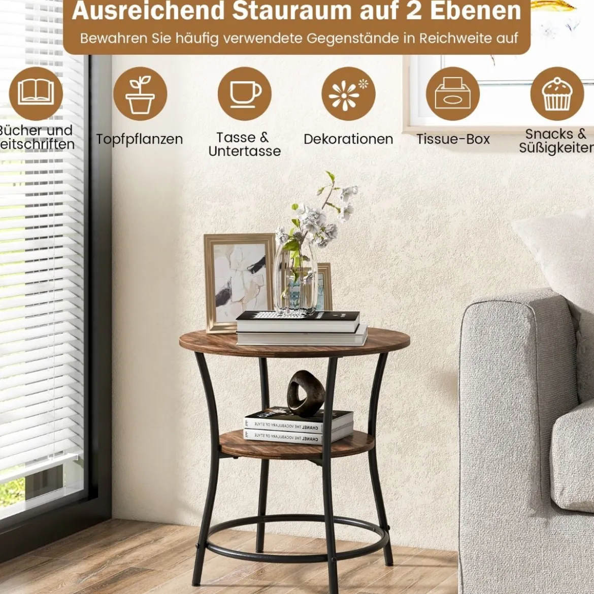 2 Ebenen Beistelltisch Rund Nachttisch mit Metallrahmen Vintage 55 x 55 x 56 cm