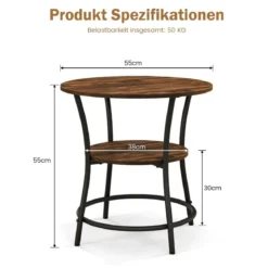 2 Ebenen Beistelltisch Rund Nachttisch mit Metallrahmen Vintage 55 x 55 x 56 cm