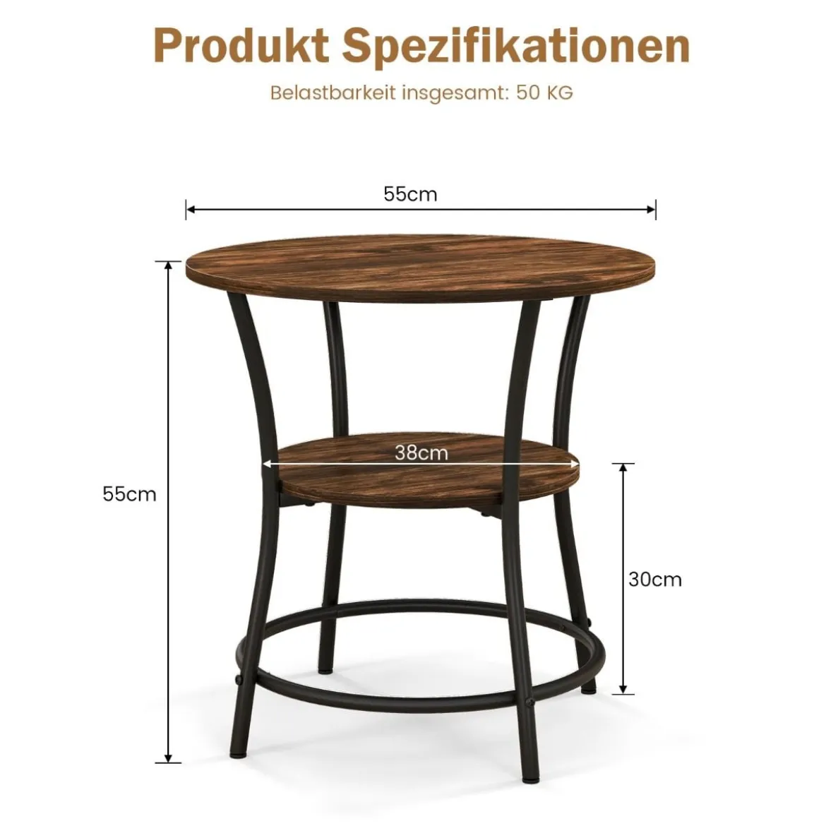 2 Ebenen Beistelltisch Rund Nachttisch mit Metallrahmen Vintage 55 x 55 x 56 cm