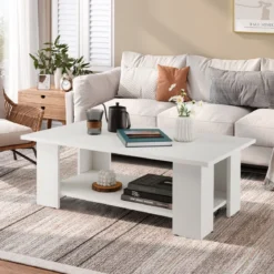 2 Ebenen Couchtisch aus Holz Beistelltisch bis zu 125kg Belastbar 90 x 52 x 32 cm Weiß