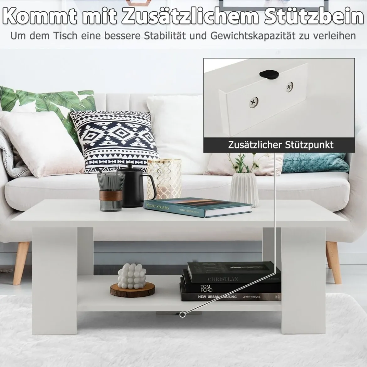 2 Ebenen Couchtisch aus Holz Beistelltisch bis zu 125kg Belastbar 90 x 52 x 32 cm Weiß