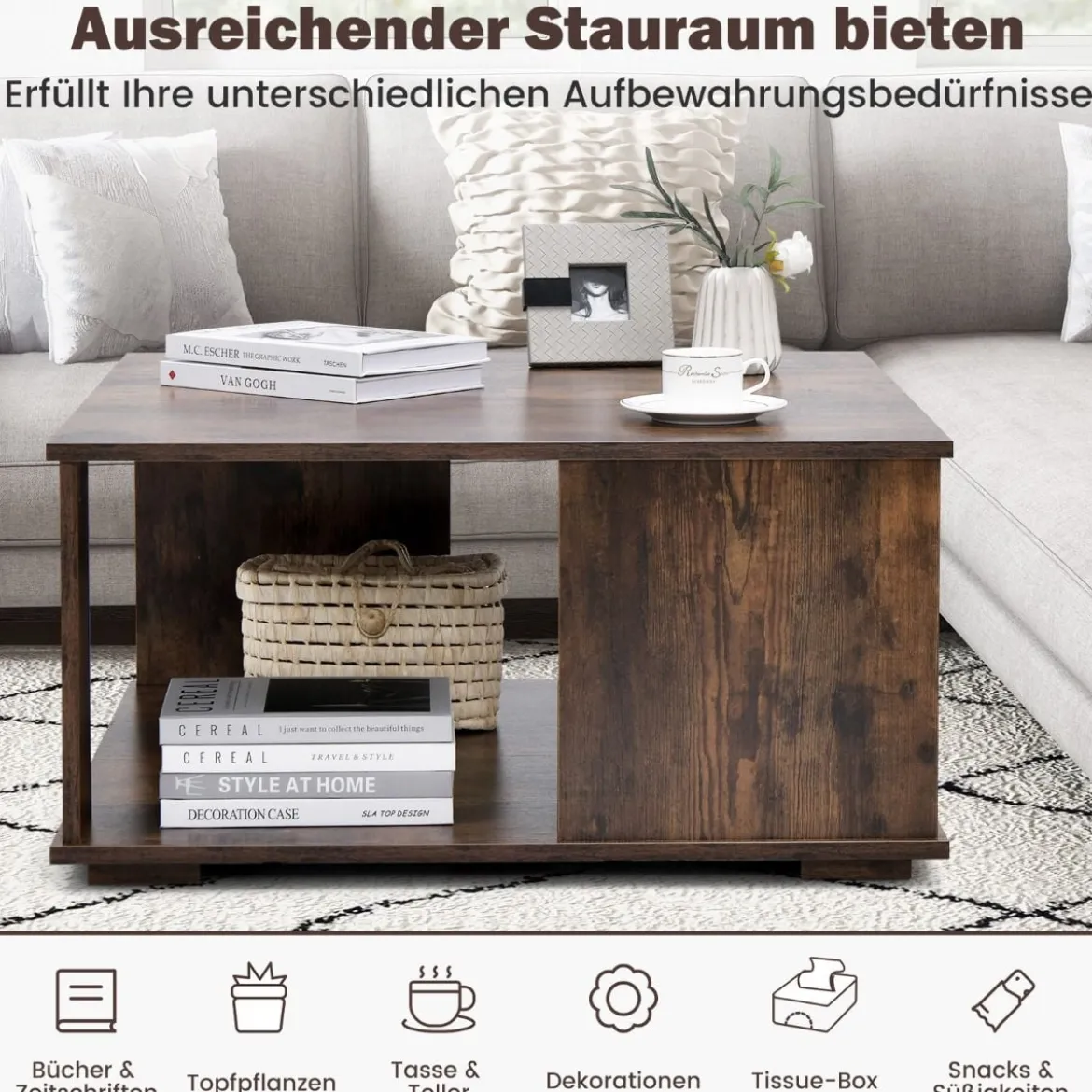 2 Ebenen Couchtisch aus Holz Industrieller Beistelltisch mit Stauraum 80 x 80 x 40 cm Braun