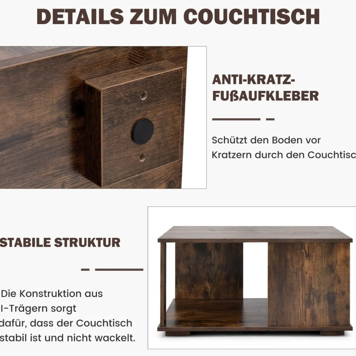 2 Ebenen Couchtisch aus Holz Industrieller Beistelltisch mit Stauraum 80 x 80 x 40 cm Braun