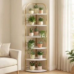 6 Ebenen Eckregal mit Metallrahmen Stehendes Bücherregal Standregal Pflanzenregal Weiß