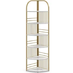 6 Ebenen Eckregal mit Metallrahmen Stehendes Bücherregal Standregal Pflanzenregal Weiß