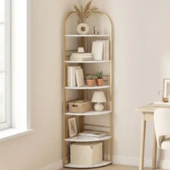6 Ebenen Eckregal mit Metallrahmen Stehendes Bücherregal Standregal Pflanzenregal Weiß