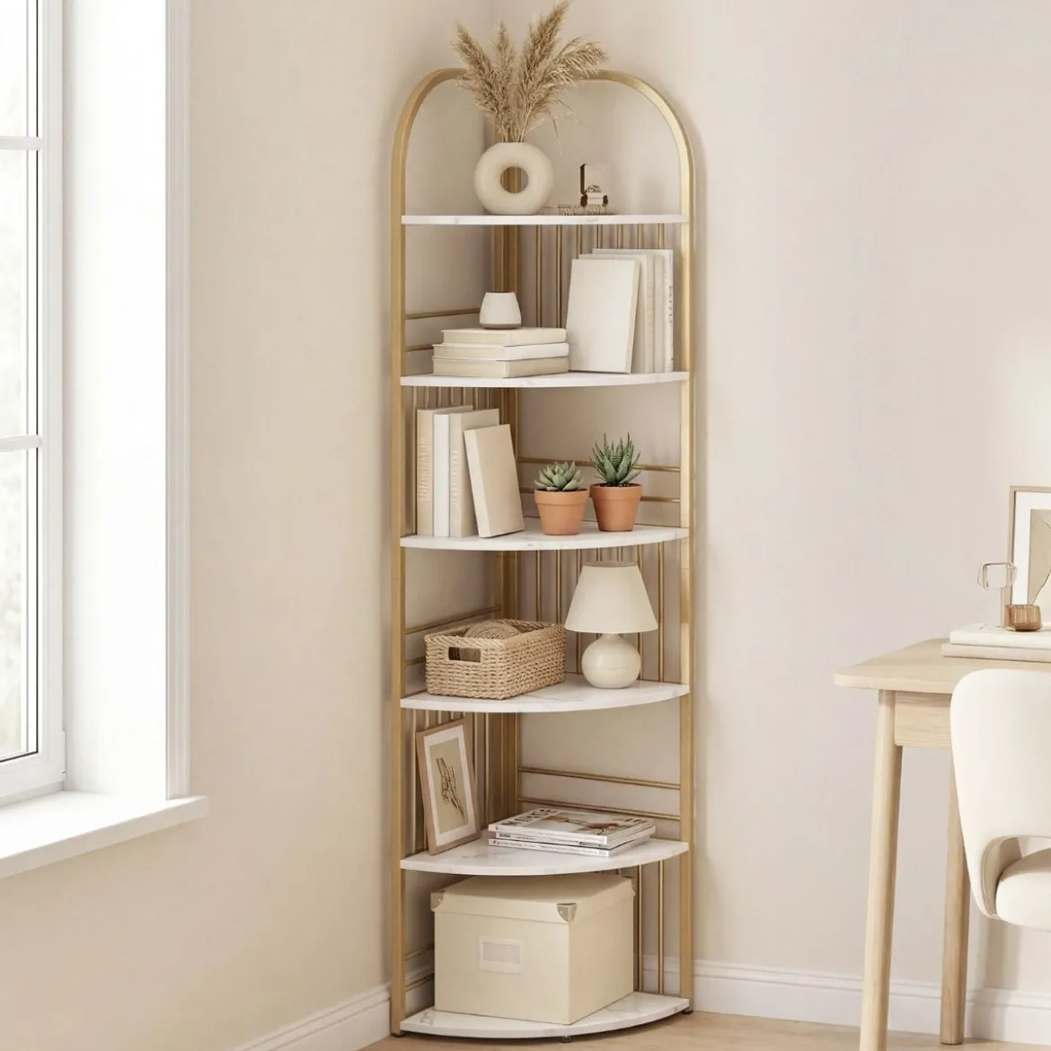 6 Ebenen Eckregal mit Metallrahmen Stehendes Bücherregal Standregal Pflanzenregal Weiß