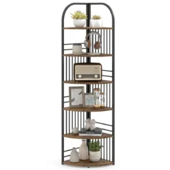 6 Ebenen Eckregal mit Metallrahmen Stehendes Bücherregal Standregal Pflanzenregal Braun