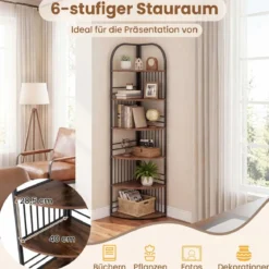 6 Ebenen Eckregal mit Metallrahmen Stehendes Bücherregal Standregal Pflanzenregal Braun