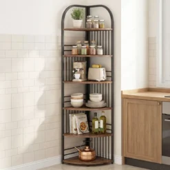 6 Ebenen Eckregal mit Metallrahmen Stehendes Bücherregal Standregal Pflanzenregal Braun