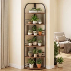 6 Ebenen Eckregal mit Metallrahmen Stehendes Bücherregal Standregal Pflanzenregal Braun