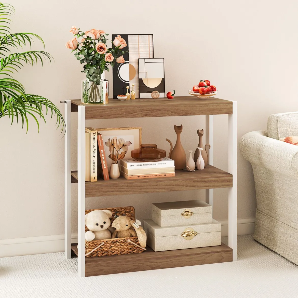 3 Ebenen Holz Standregal mit Kippschutz-Sets & Offenen Regalfächern Bücherregal Natur