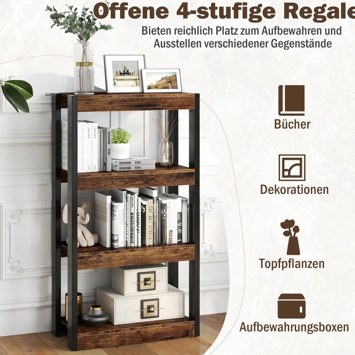 4 Ebenen Holz Standregal mit 2 Kippschutz-Sets & Offenen Regalfächern Bücherregal Braun