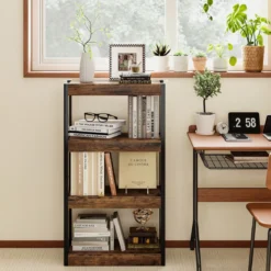 4 Ebenen Holz Standregal mit 2 Kippschutz-Sets & Offenen Regalfächern Bücherregal Braun