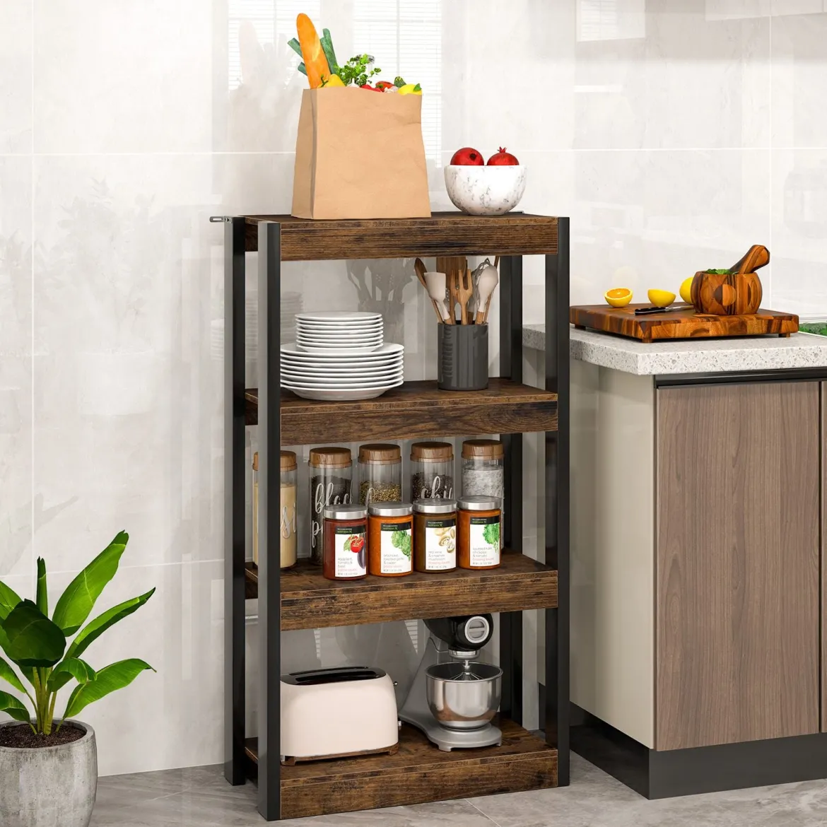 4 Ebenen Holz Standregal mit 2 Kippschutz-Sets & Offenen Regalfächern Bücherregal Braun