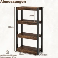 4 Ebenen Holz Standregal mit 2 Kippschutz-Sets & Offenen Regalfächern Bücherregal Braun