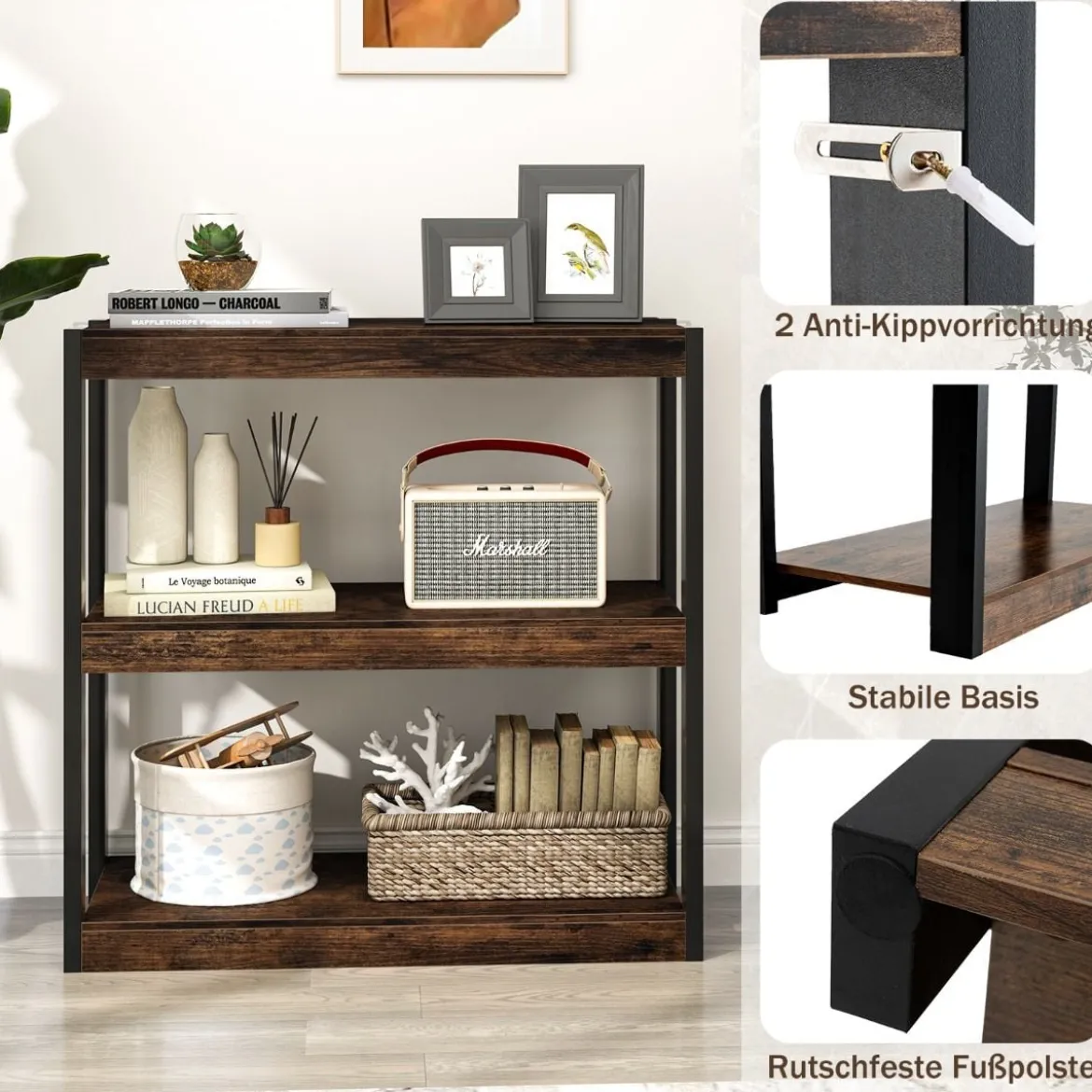 3 Ebenen Holz Standregal mit Kippschutz-Sets & Offenen Regalfächern Bücherregal Braun