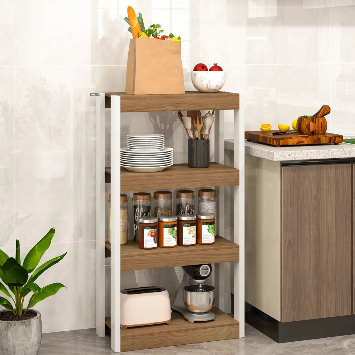 4 Ebenen Holz Standregal mit 2 Kippschutz-Sets & Offenen Regalfächern Bücherregal Natur