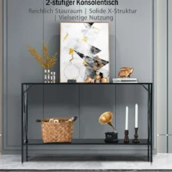 2 Ebenen Konsolentisch Metallrahmen Moderner 2-stufiger Sofatisch in X-Form 120 x 23 x 74 cm Schwarz