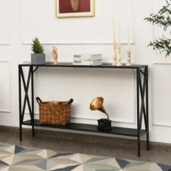 2 Ebenen Konsolentisch Metallrahmen Moderner 2-stufiger Sofatisch in X-Form 120 x 23 x 74 cm Schwarz