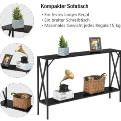 2 Ebenen Konsolentisch Metallrahmen Moderner 2-stufiger Sofatisch in X-Form 120 x 23 x 74 cm Schwarz